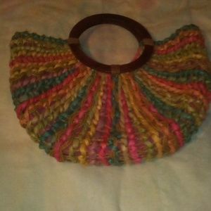 Cappelli Straworld Raffia Multi-colored, wood handle braided crescent straw bag
